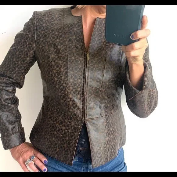 Leather Geometric Dark Brown Fitted Jacket - Picture 4 of 14